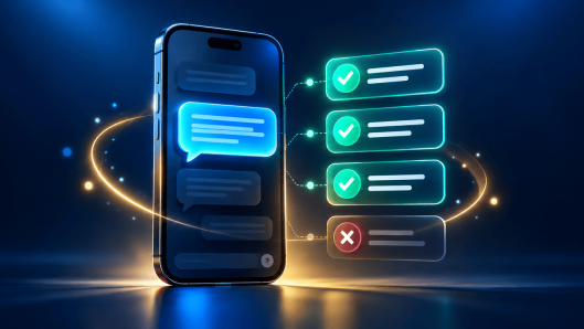 Smartphone with a chat thread beside a glowing checklist of political texting do's and don'ts, three green checkmarks and one red X.