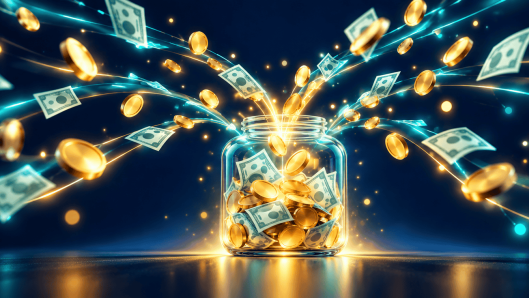 A glowing glass jar filling with gold coins and dollar bills streaming in on light trails, representing growing political campaign donations.