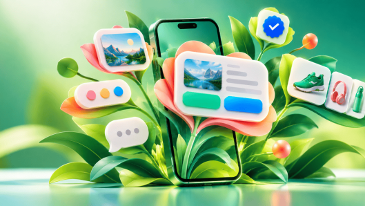 A green smartphone blooming with RCS rich-message cards shown as flowers: an image card, reply buttons, a product carousel, and a verified badge