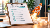 Illustration of a completed SMS marketing checklist with green checkmarks, ready to launch