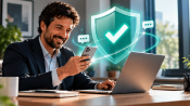 Smiling business professional texting on a phone at a desk, with a glowing green shield and checkmark representing compliant SMS marketing