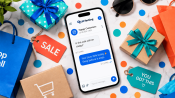Flat-lay of a promotional flash-sale text message with shopping bags and sale tags