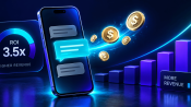 Dark dashboard illustration of SMS marketing ROI growth with an upward revenue chart