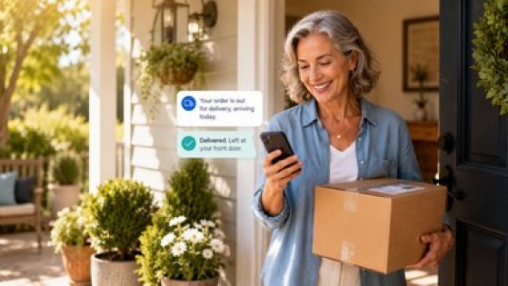 Older customer receiving a package and reading a delivery-update text