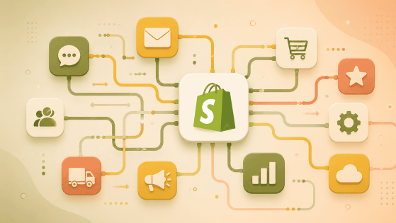 A Shopify store connected to marketing, communication, and operations integrations