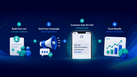 Illustration of the SMS marketing workflow: build your list, send a campaign, the customer receives the text, and track results.