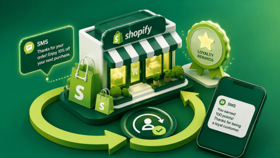 Illustration of a Shopify store built for customer retention: storefront, shopping bags, a loyalty rewards badge, a repeat-customer loop, and SMS notifications.