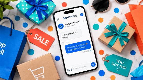 Flat-lay of a promotional flash-sale text message with shopping bags and sale tags