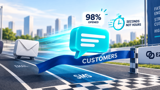 Illustration of an SMS message winning a race ahead of email and social media