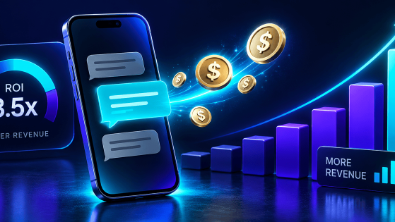 Dark dashboard illustration of SMS marketing ROI growth with an upward revenue chart