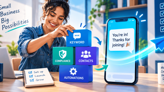 Illustration of a small-business owner building and launching their SMS marketing setup