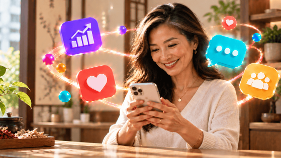 Illustration of a business owner surrounded by glowing benefits of SMS marketing
