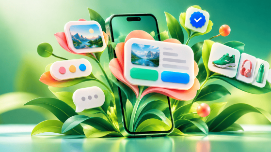A green smartphone blooming with RCS rich-message cards shown as flowers: an image card, reply buttons, a product carousel, and a verified badge